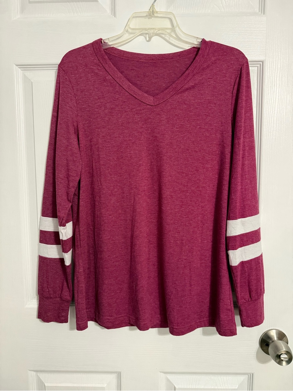 Women's V-Neck Long Sleeve Top in Berry with White Sleeve Stripes